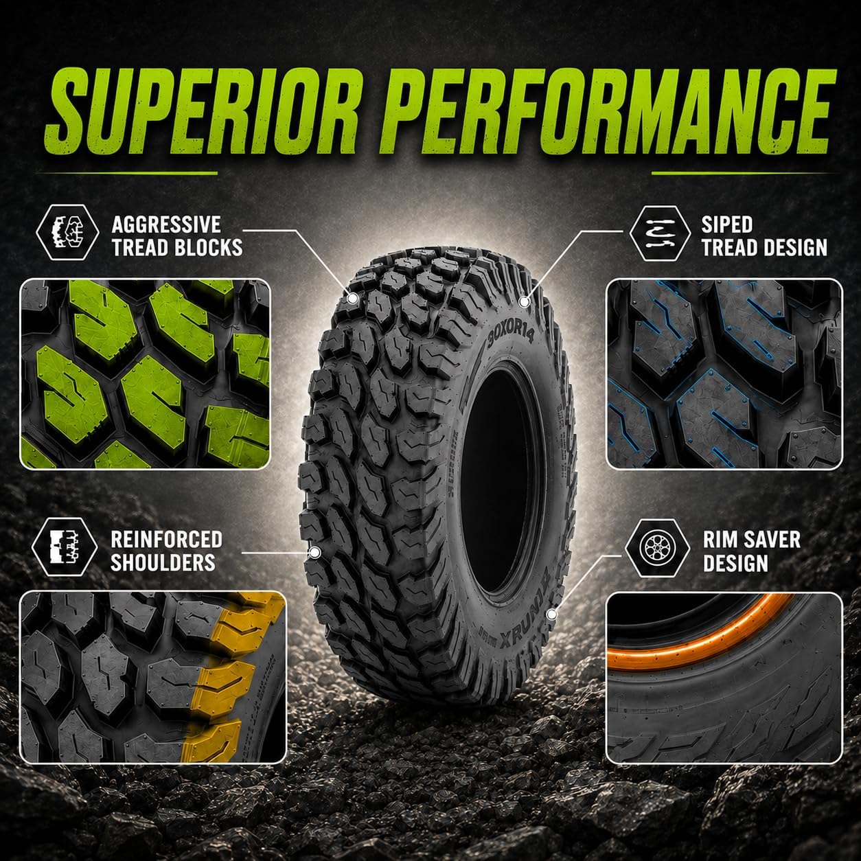 RUNIX ATV UTV Radial Tires, RUNIX PeakCrawler, 27X9R14 Front, 27X11R14 Rare, Set of 4, Radial Tire, All Terrain, 6PR, Tubeless, 27X9-14, 27X11-14