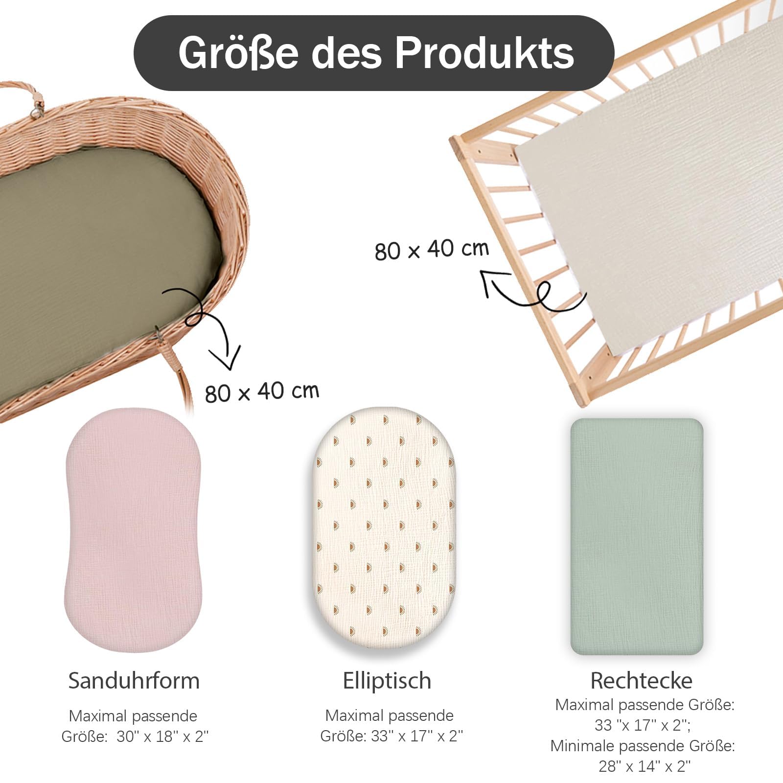 Lenzuolo con angoli in mussola, 80 x 40 cm, per passeggino e passeggino, confezione da 2 per cestino e culla (albicocca + sole)
