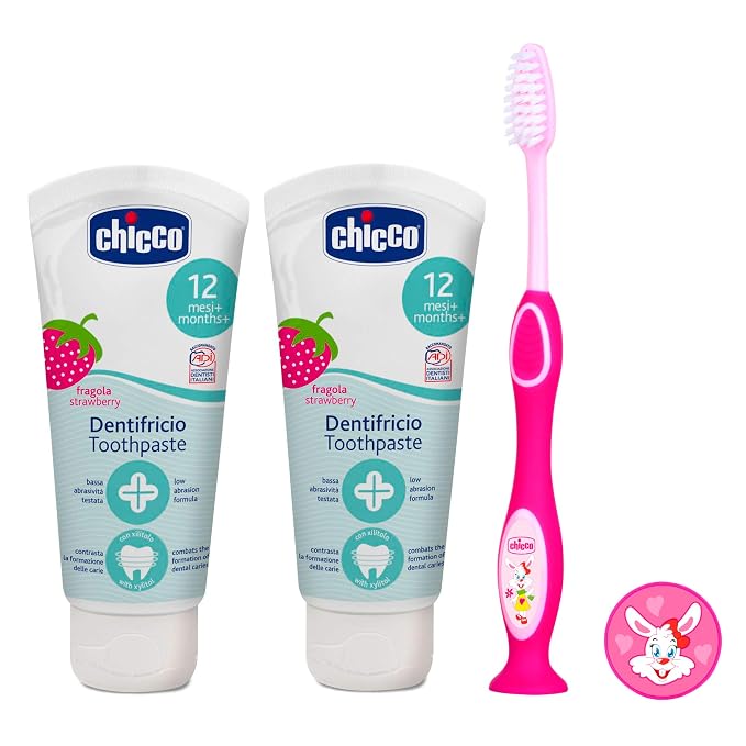 Chicco Toothpaste (6 m+), 50ml, Pack of 2 and Pink Tooth Brush