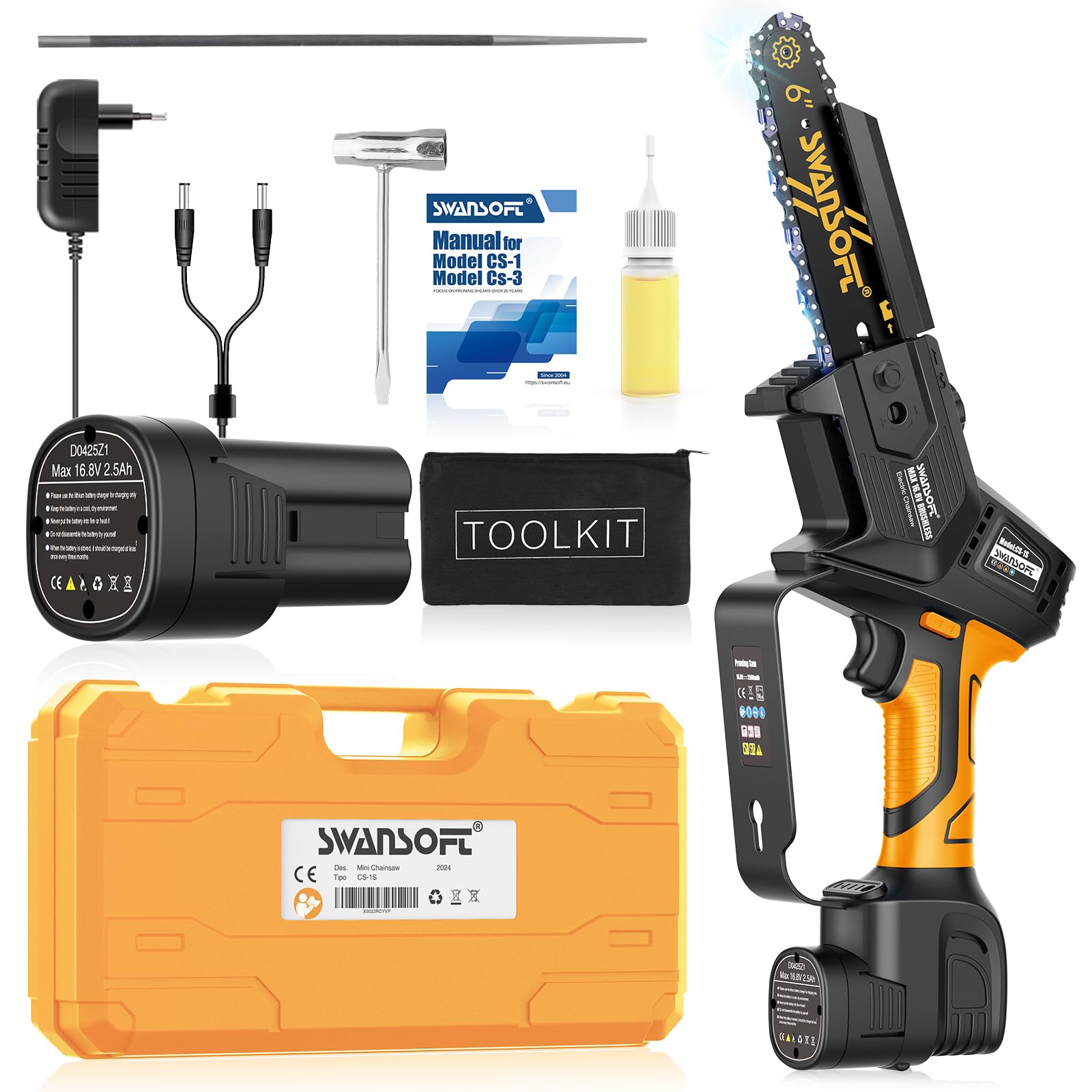SWANSOFT Sierra de cadena inalámbrica de 12 cm,SWANSOFT Mini Motosierra a Batería Profesional, 6'' 16,8V 2,5Ah 500W de Mano con Bloqueo de Seguridad y Sistema de Engrase Automático