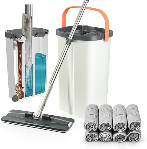 Jelymark Trapeador plano y cubo con juego de escurridor, separa el agua sucia y limpia, mopa de 3 cámaras para uso húmedo y seco, trapeadores para