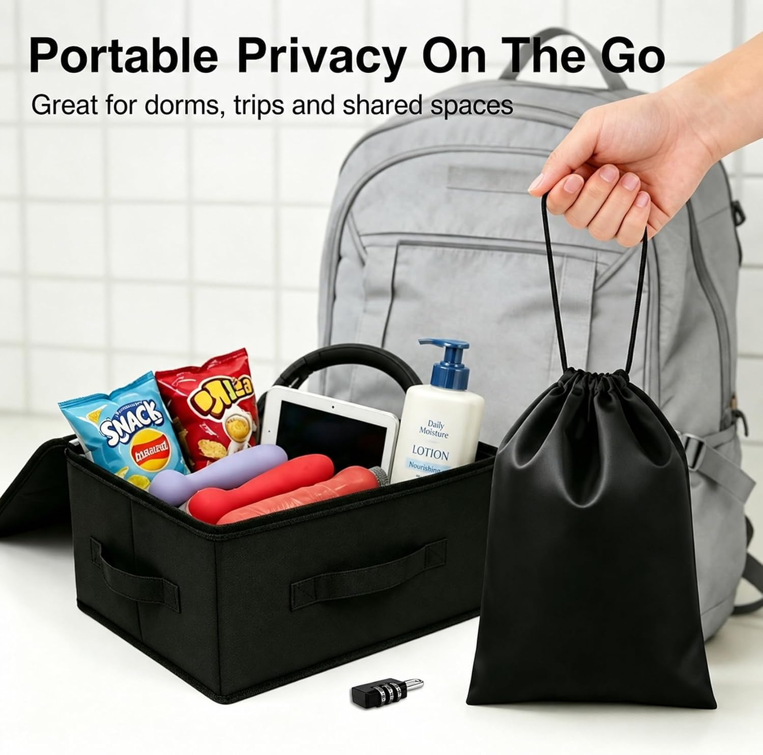 Lockable Privacy Toy Storage Box with Combo Lock, 2 Soft Toy Bags for Adult