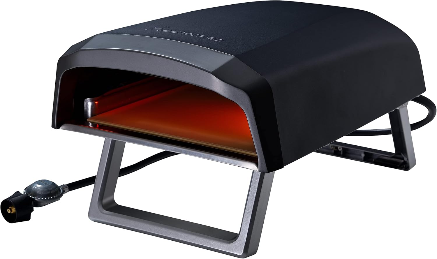 lateral view of the MasterPRO Outdoor Pizza Oven showing its unfolded legs, ready for use.