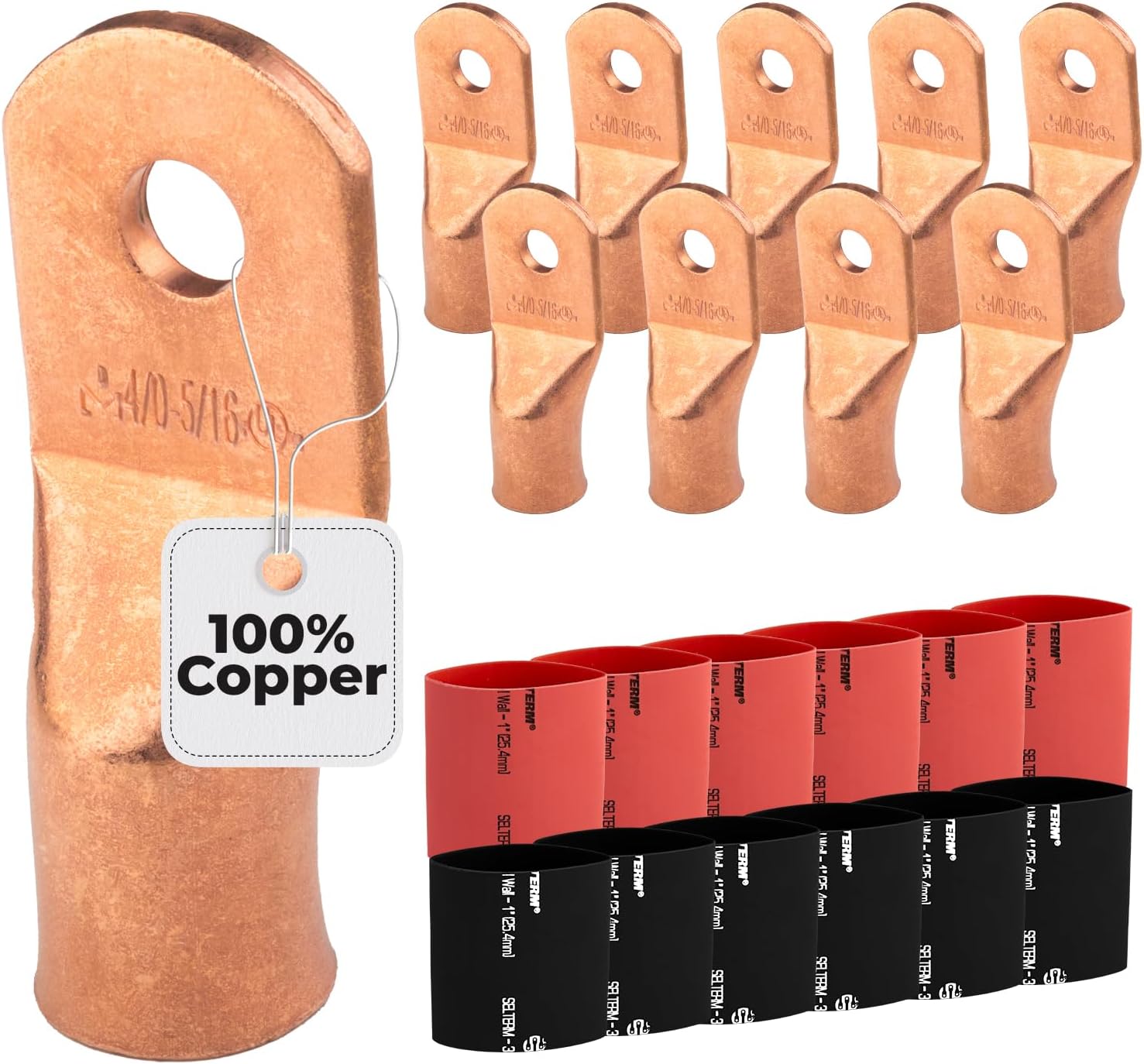 10pcs - 4/0 Awg - 5/16" Stud - Battery Lugs - Ring Terminal Connectors | with 12pcs 3:1 Black & Red Heat Shrink Tubing with Adhesive | Heavy Duty Battery Cable Ends - Bare Copper Wire Lugs Kit