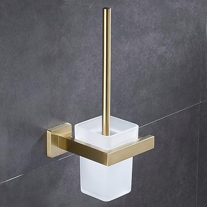 Toilet Brush with Holder Wall Mounted Brushed Gold, NEWRAIN Modern Bathroom Toilet Brush with Holder Stainless Steel Holder Glass Canister with Toilet Brush Toilet Brush Holder Set