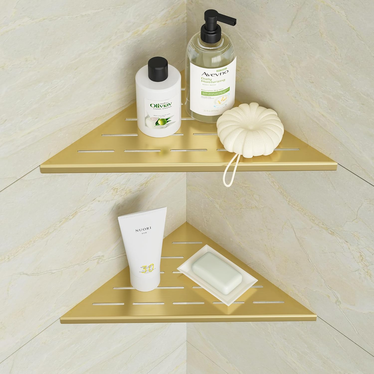 Neodrain 12 Inch Golden Corner Shower Shelves,Set of 2, Corner Shelf for Tile Wall Insert, 304 Stainless Steel Shower Storage Shelves for Bathroom,No Drilling