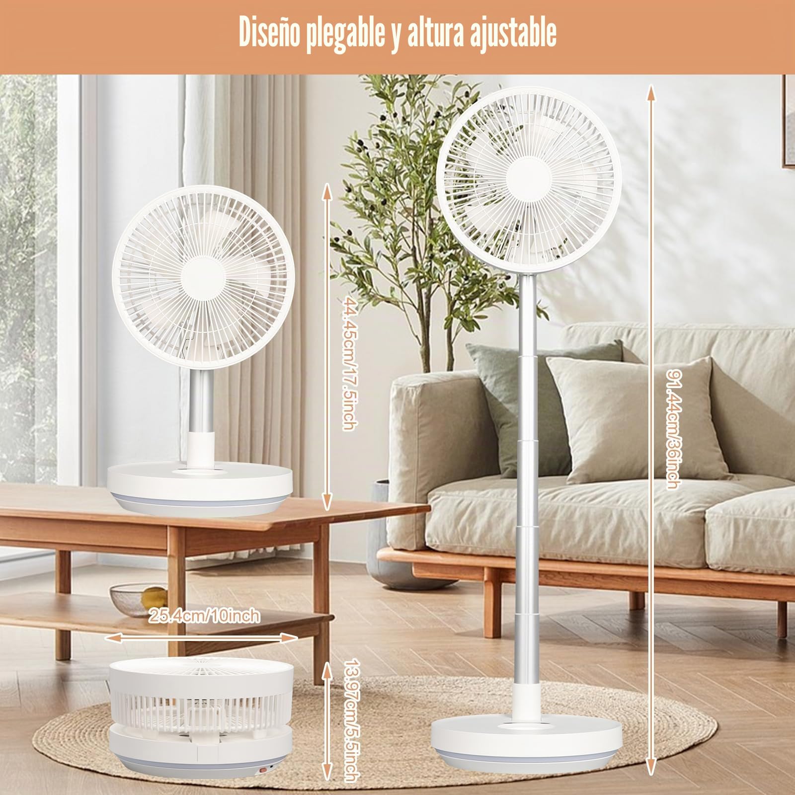 Ventilador de Pie Oscilante Portátil Plegable con Remoto, 5.5-36 pulgadas Altura Ajustable, 7200mAh USB C Pequeño Mesa Ventiladores Silencioso con Temporizador para Viajes Camping Dormitorio