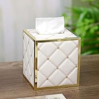 Vista 1 de Funda para caja de pañuelos, soporte de piel acolchada de color blanco cremoso con parte inferior magnética, cubierta cuadrada de caja de pañuelos