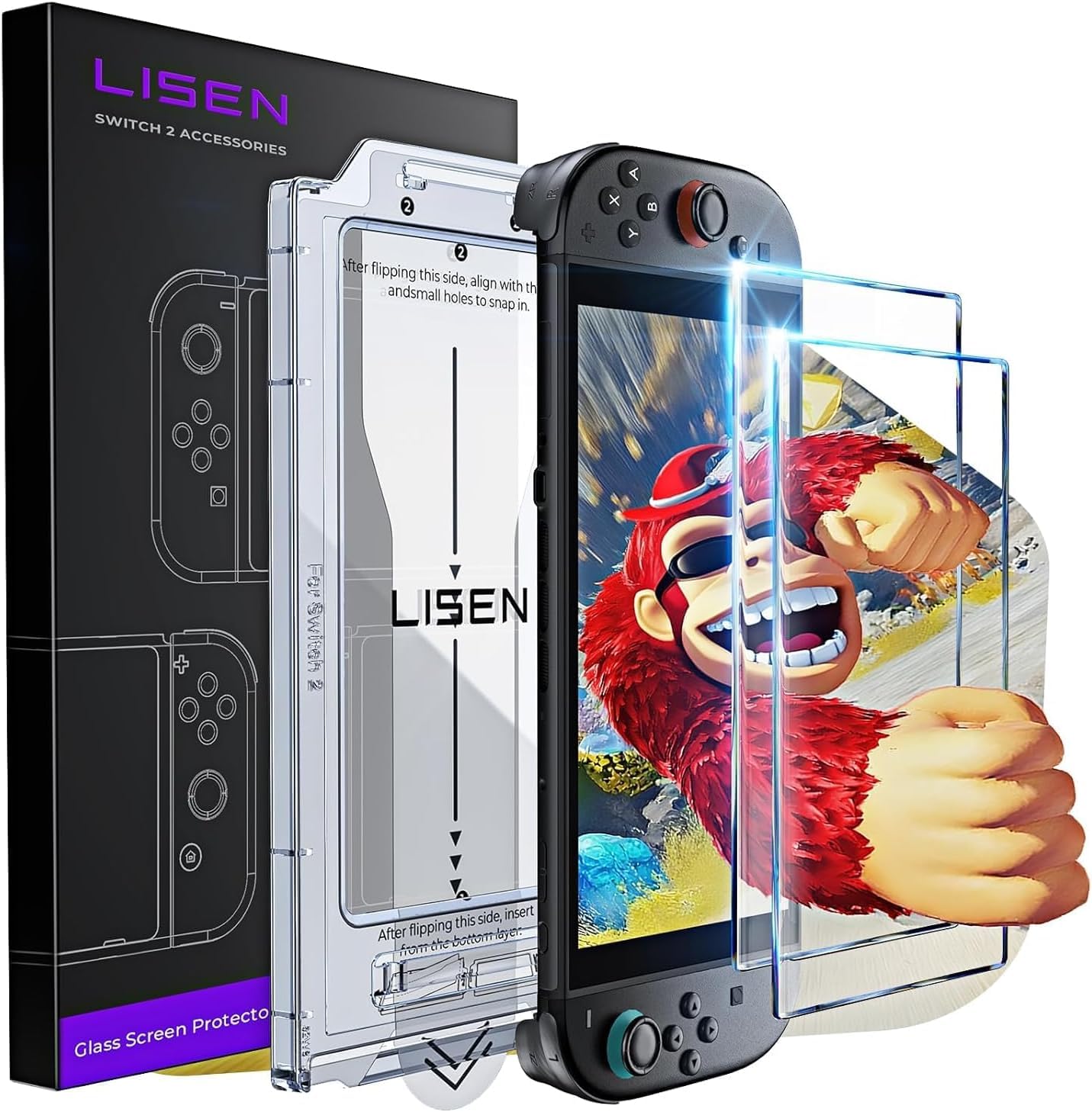 LISEN 2 Piezas Protector Pantalla Switch 2 Model 2025, Incluye Kit de Alineación Automática de Fácil Instalación, Dureza 9H, Cobertura de Pantalla Completa, Antirreflejo, Ultra HD