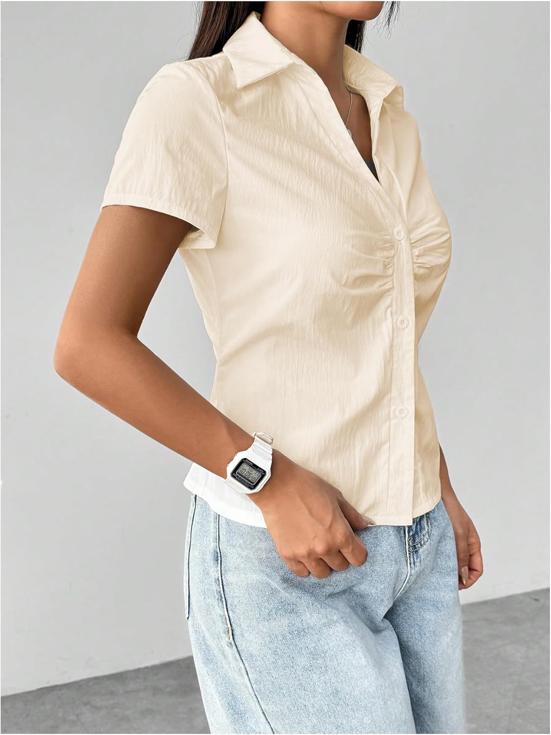 SweatyRocks Women's Ruched Button Up Blouses Collar V Neck Short Sleeve Work Shirts - Image 3
