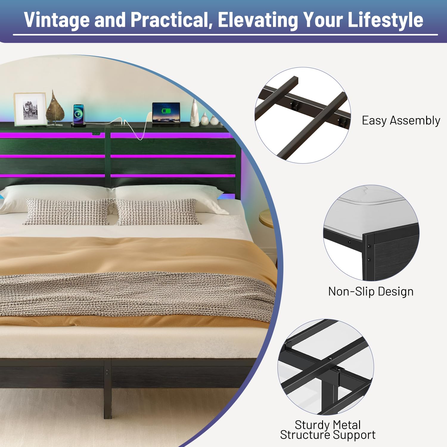 Marco de cama clásico de plataforma de metal, marco de cama de tamaño matrimonial con cabecero, soporte de listones de acero, marco de cama LED con estación de carga USB, almacenamiento 6