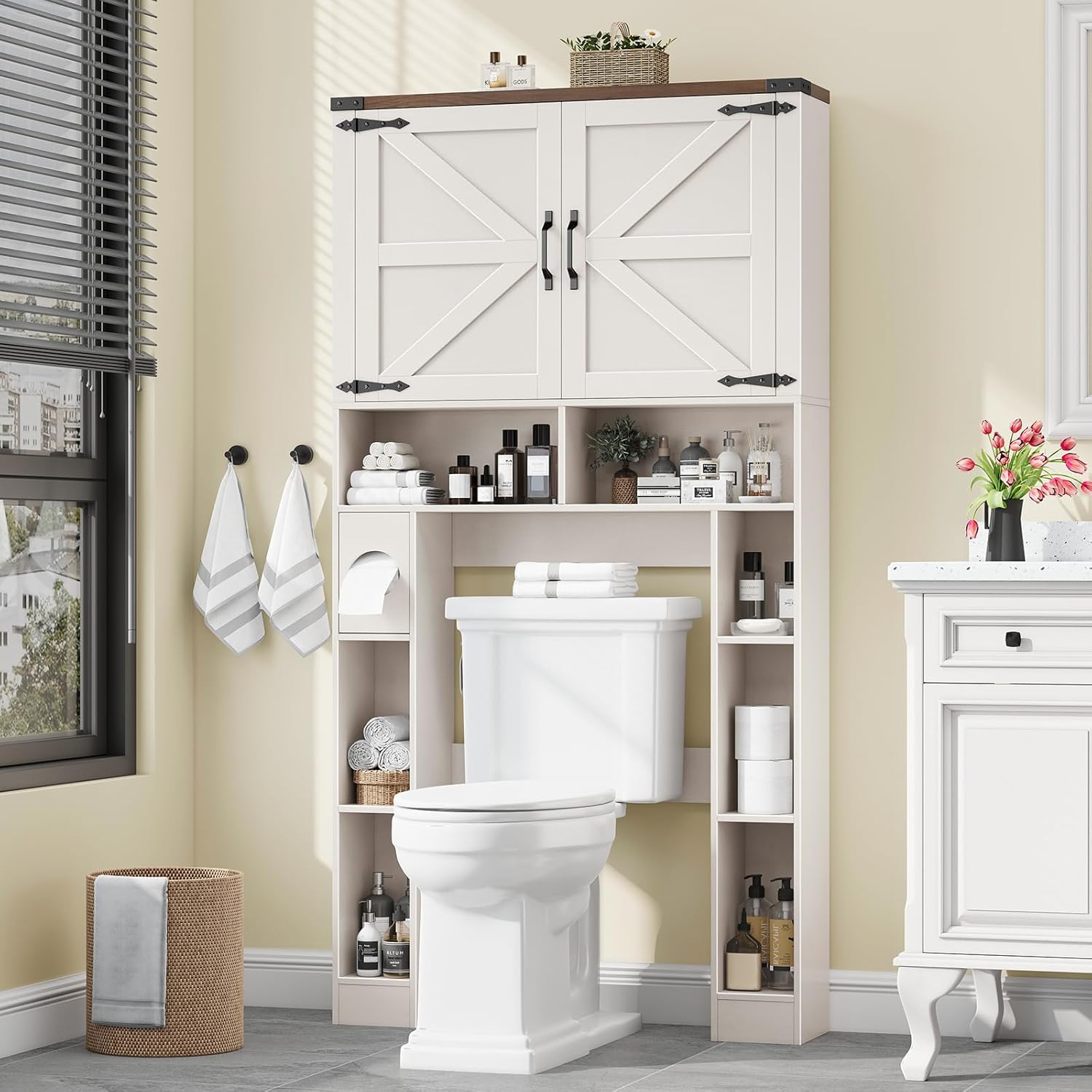 Vabches Over The Toilet Storage Cabinet, Farmhouse Storage Cabinet Over Toilet with 2 Barn Doors ，Toilet Paper Holder Stand，Home Space-Saving Toilet Rack, for Laundry, Restroom, Bathroom