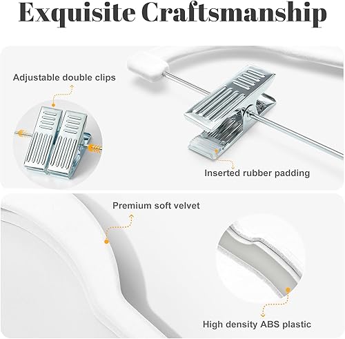 Miniatura 4 de HOUSE DAY Paquete de 24 perchas de terciopelo para faldas, percha de terciopelo blanca con clips ajustables, perchas delgadas que ahorran espacio