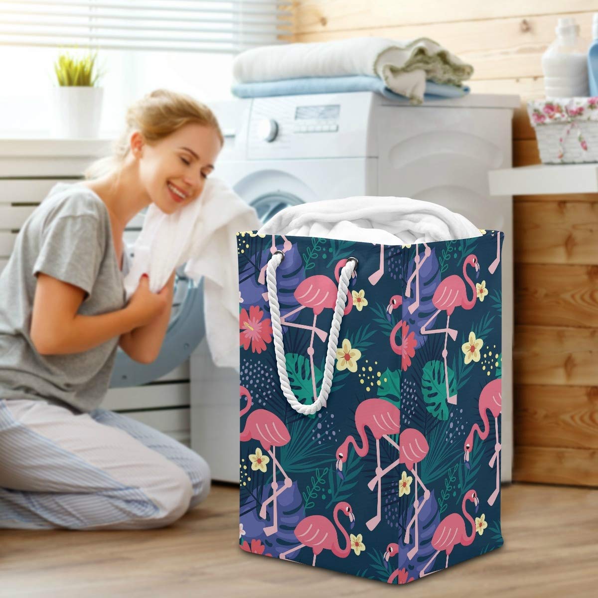 Großer Wäschesack mit Blättern, Blume, Flamingo, freistehend, faltbar, mit Tragegriffen