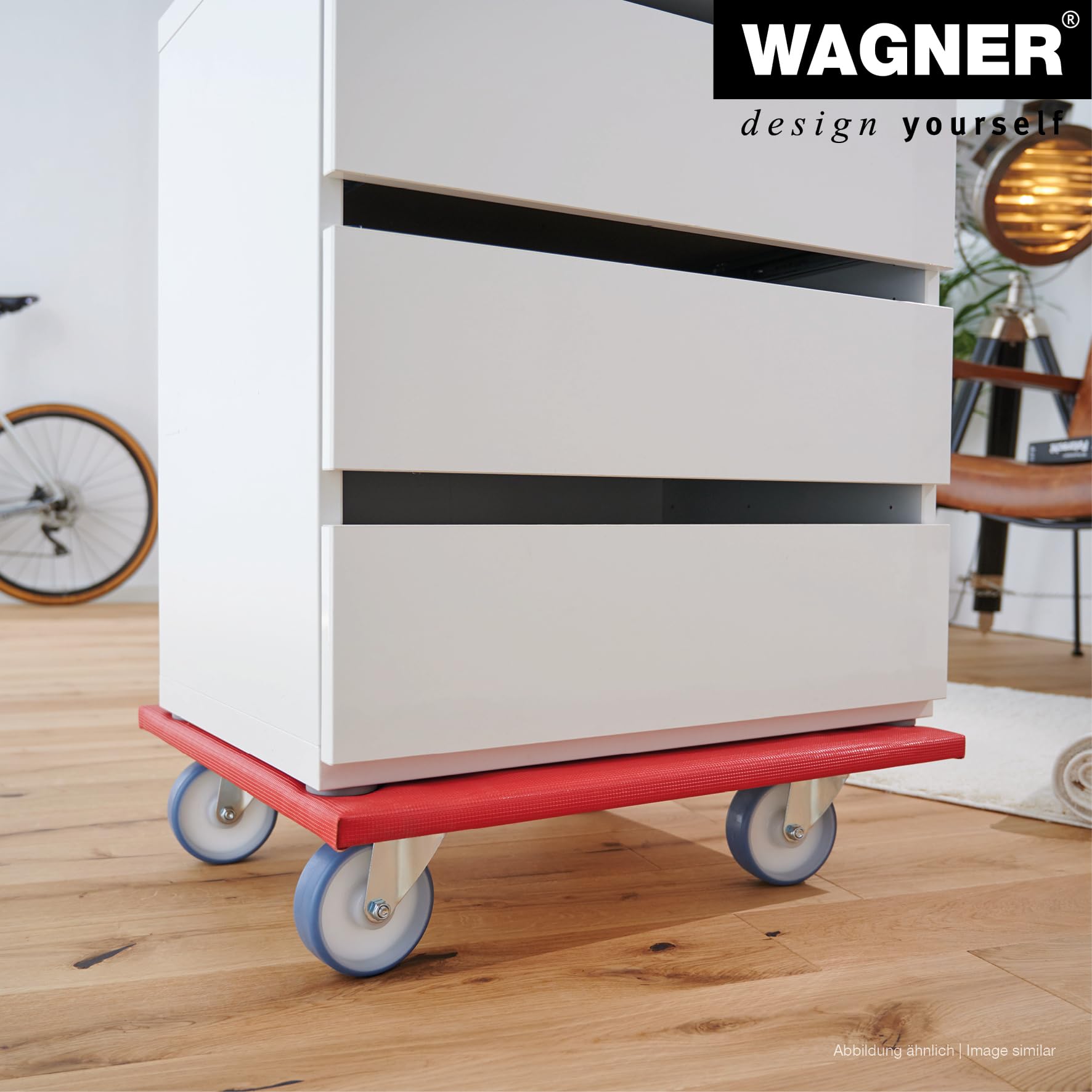 WAGNER Transportroller Transporhilfe I 60 x 60 x 25 cm I Tragkraft 500 kg I Umzugsroller aus FSC® Mulitplex mit Schonbezug I Schwerlastroller mit Räder aus Vollgummi Ø 200 mm I Made in DE