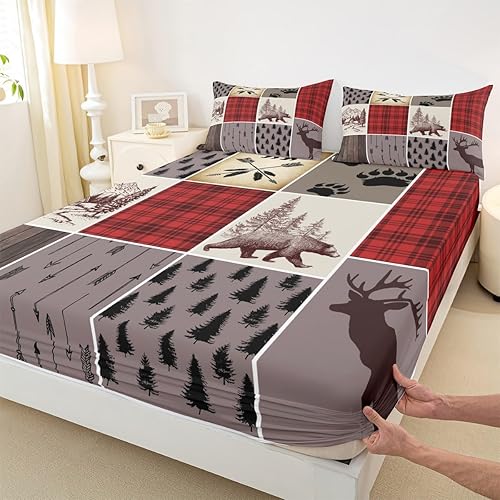 Miniatura 321 de Sábana bajera ajustable de oso de caza, juego de ropa de cama a cuadros de búfalo, sábanas de retazos de cabaña rústica para niños, niños, Multi