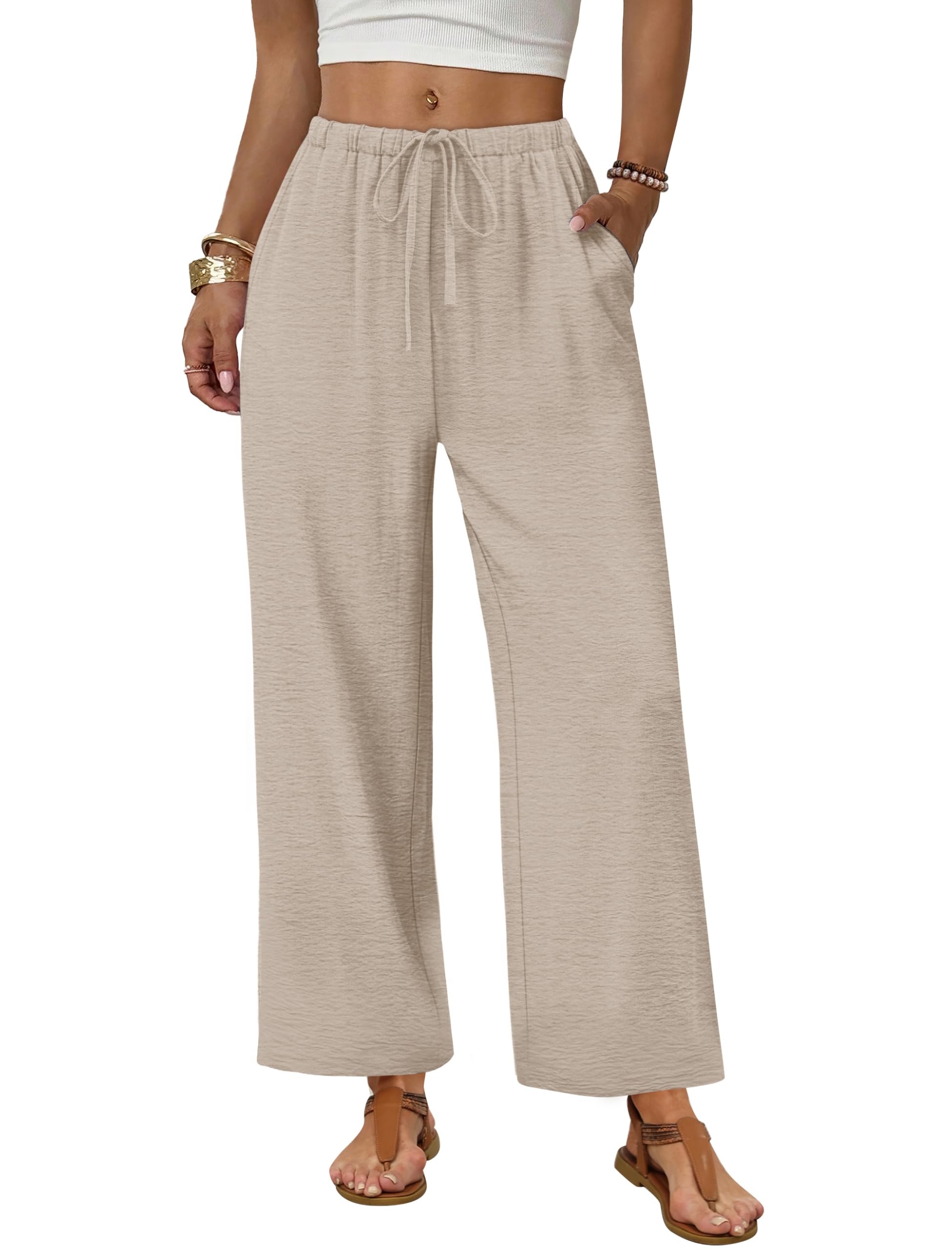 Sampeel Wide Leg Pants Women Casual Palazzo Drawstring Elastic Waist Trousers with Pockets Summer Beach Vacation Clothes