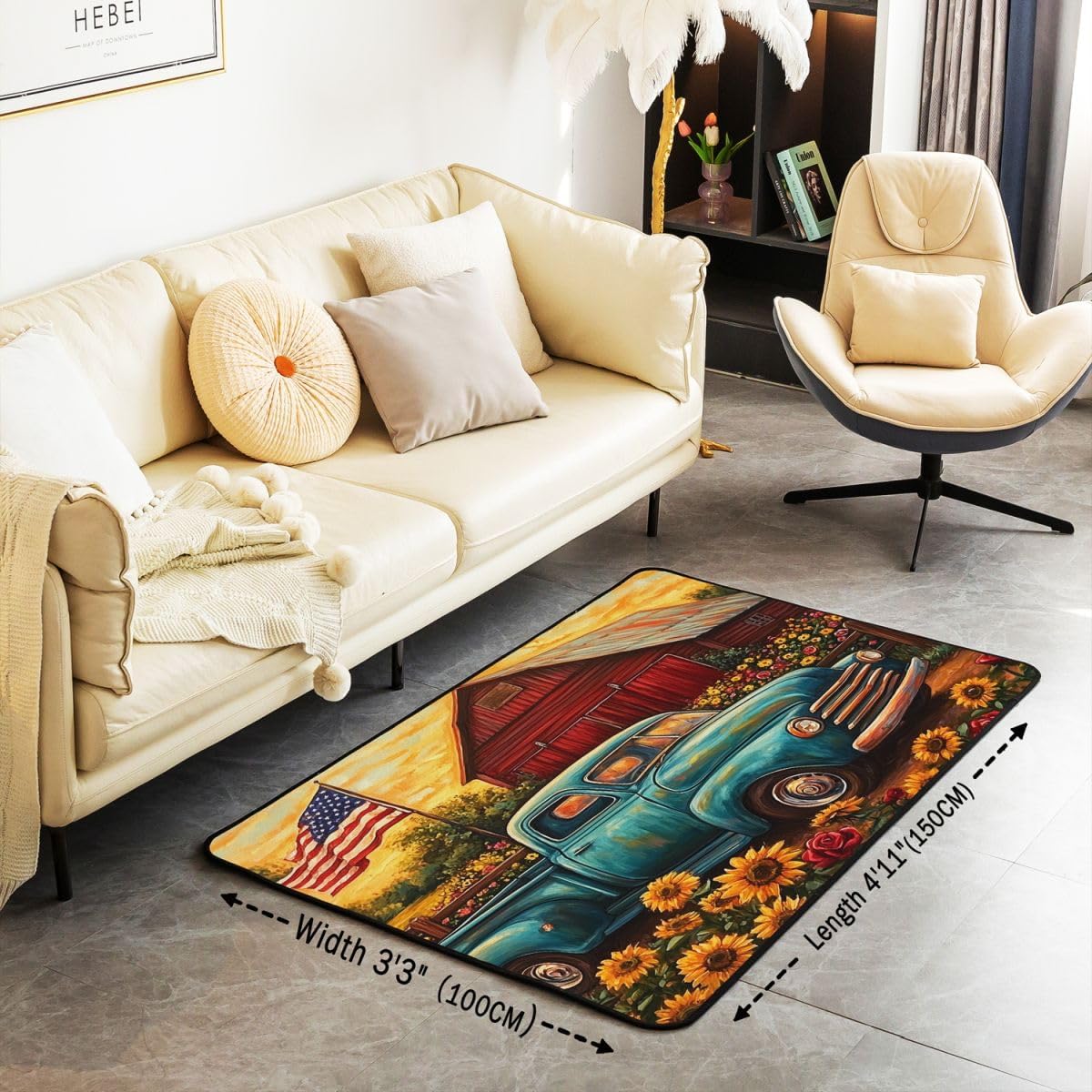 Castle Fairy Retro Truck Mat Rug for Living Room Bedroom,Sunflower American Flag Soft Cozy Carpet Rustic Barn Farmhouse Decor Floor Mat Orange Room Decorative Rug,3x5