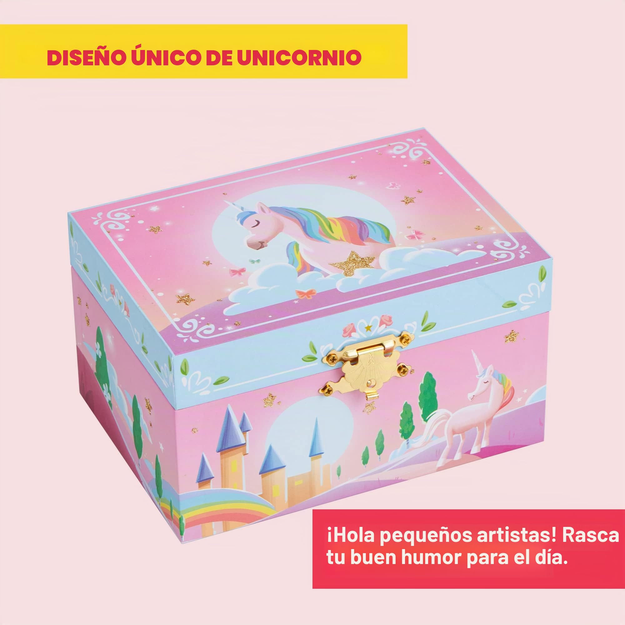 JOYIN Joyero musical de unicornio para niñas con espejo en forma de estrella, pulsera y calcomanías temáticas de unicornio giratorio y unicornio, regalo de cumpleaños