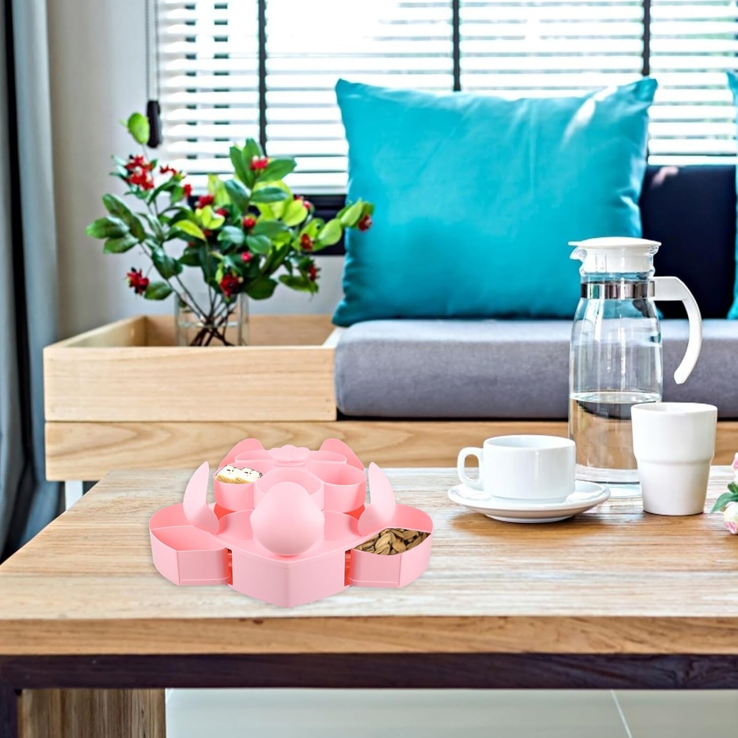 Heart-shaped Candy Box with Rotating Dried Fruit Plate, Pink Snack Container and Organizer for Home Living Room Table, Party Snack Holder and Sweets Server