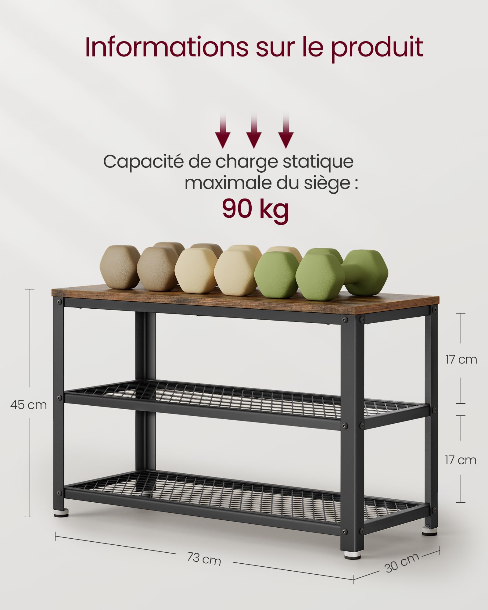 VASAGLE Banc à chaussures, Étagère de rangement à 2 niveaux, Organisateur, à chaussures, 73 x 30 x 45 cm, pour entrée, salon, cadre en acier, style industriel, Marron Rustique et Noir LBS73X