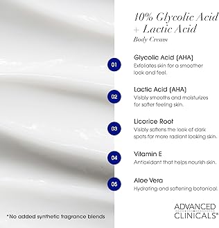 Advanced Clinicals 10% Glycolic Acid + Lactic Acid Lotion Exfoliant Moisturizing Cream With Hyaluronic Acid Moisturizer | AHA Exfoliating Body Cream Improves Look Of Uneven Rough Skin Texture, 16 Oz