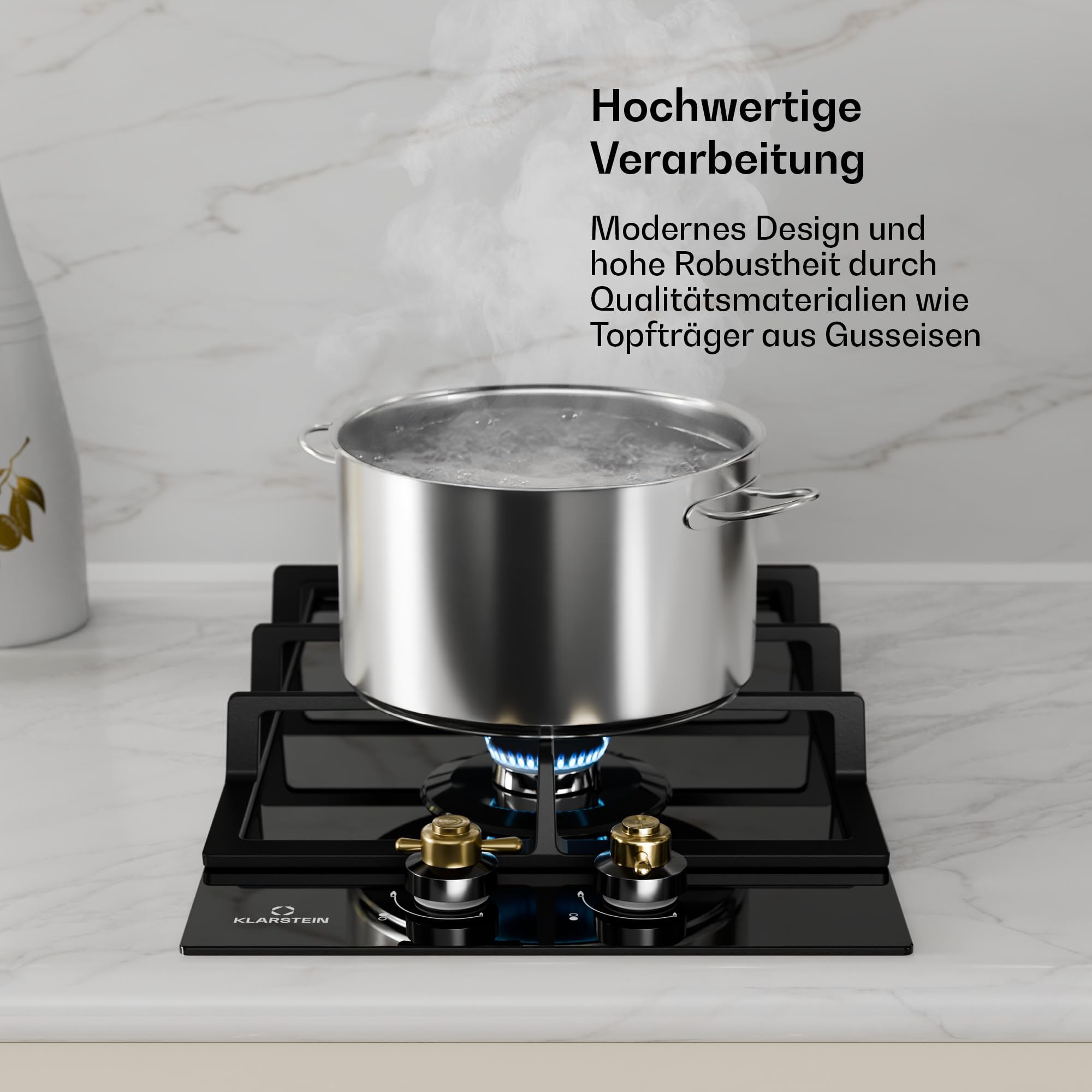 Klarstein Victoria - Gaskochfeld Gasherd, Einbau, Sabaf-Brenner, Erdgas/Propangas, Sicherheitsventile, automatische Abschaltung, Topfträger aus Gusseisen, Glaskeramik Retro-Look, 2-flammig, schwarz