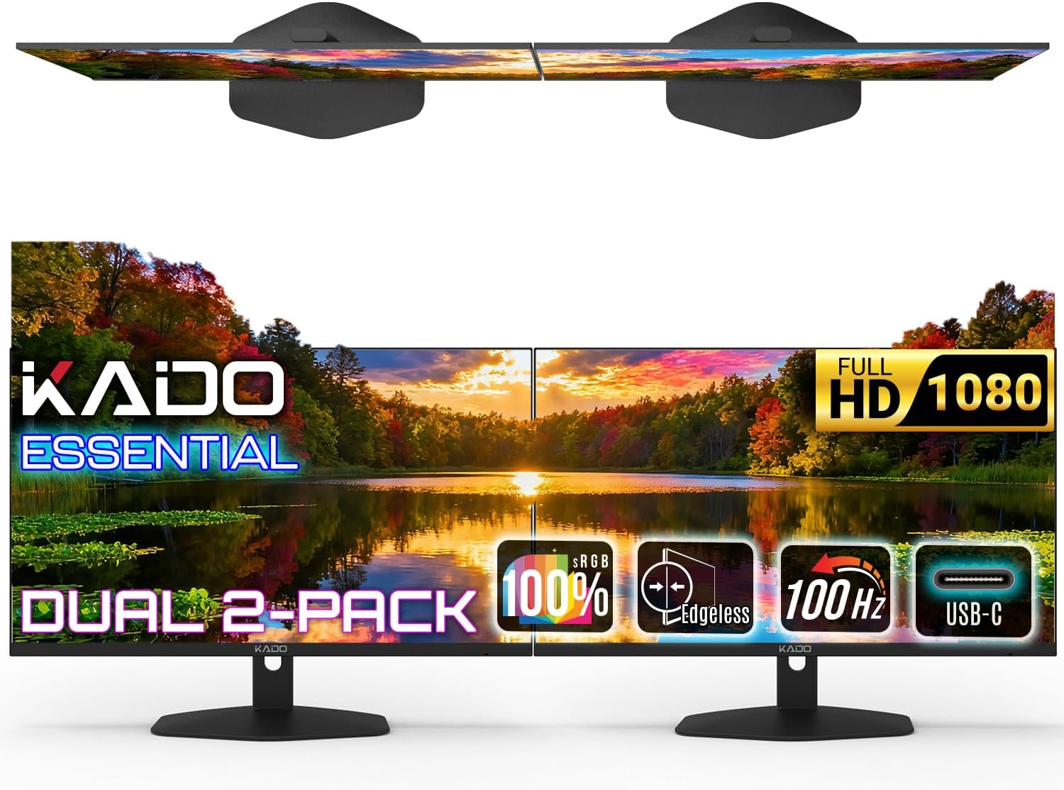 Kado Dual Monitor Setup - 2-Pack 27-inch 1920x1080 Full HD USB Type-C Computer Monitor 100Hz VESA Mount Edgeless HDMI DP Office Gaming Hybrid Built-in Speakers
