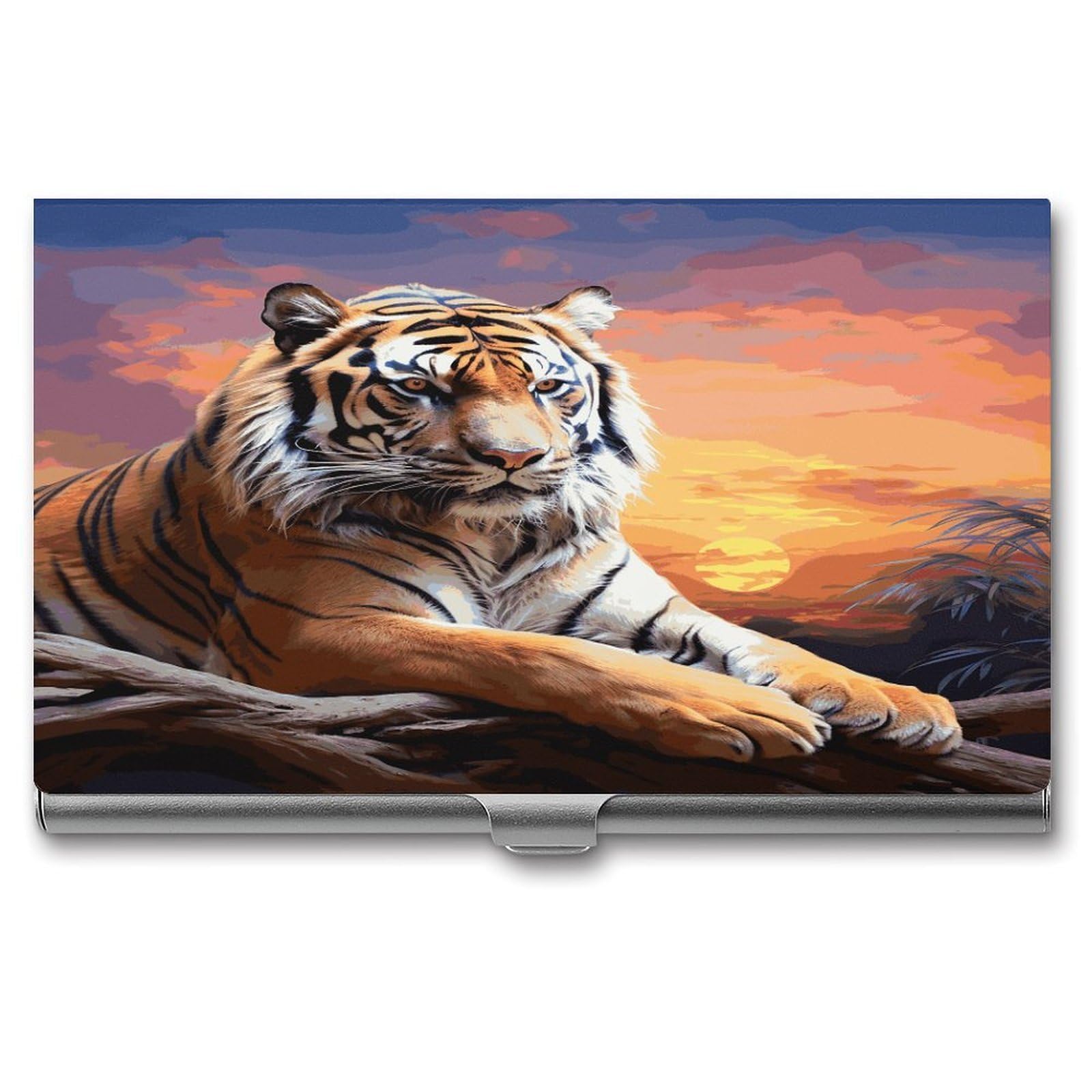 LDGSUPH Tiger Colorful Sunset Business Card Holder Fashion Slim Name Card Holder Minimalist Design Case Metal Card Carrier Personalized Business Card Case with Flip for Men Women