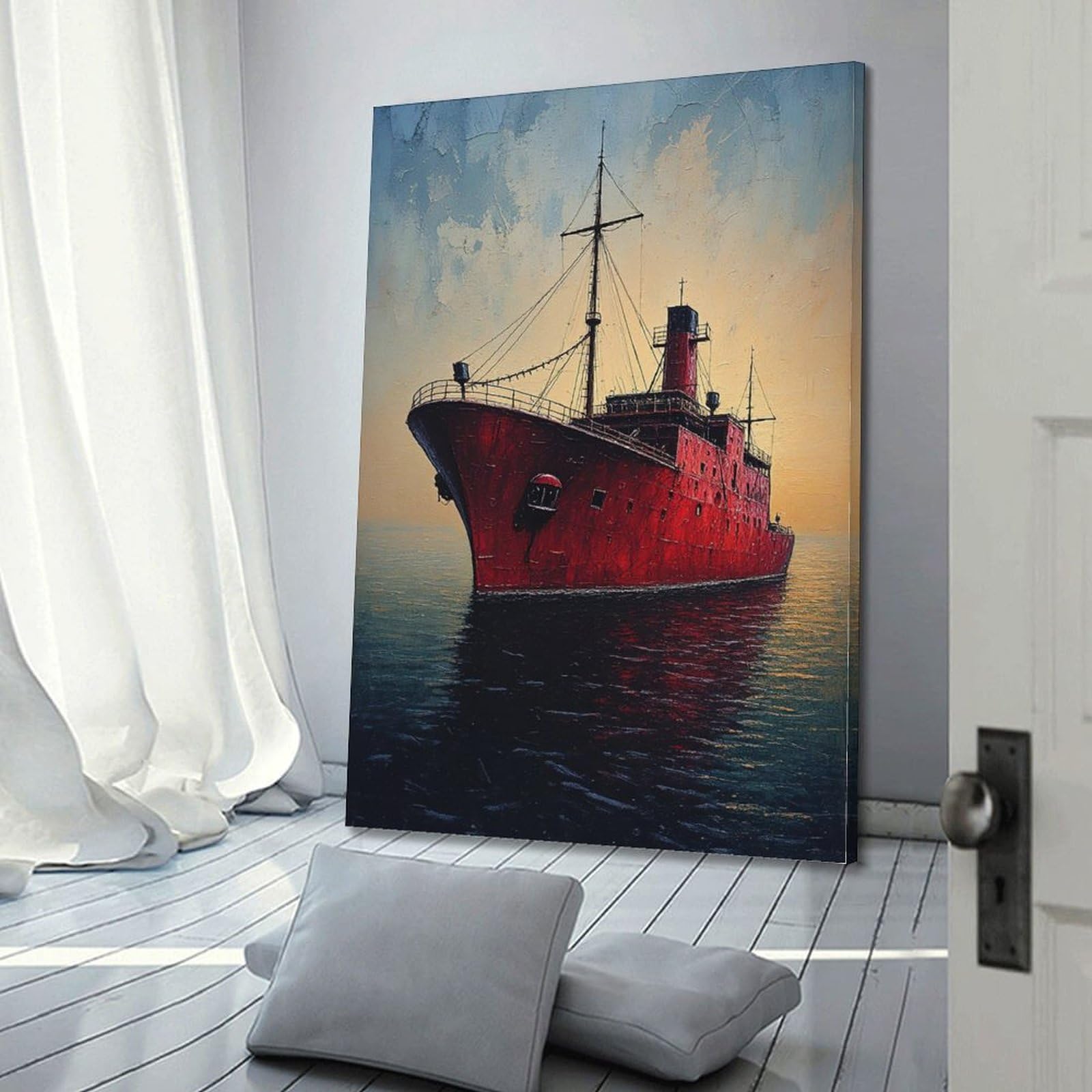 CWLLOG Leinwanddrucke, Wandkunst, Poster, Landschaft, rotes Schiff, Segeln auf Meer, Rahmen-Stil, moderne Wohn- und Schlafzimmer-Dekoration, 50 x 75 cm