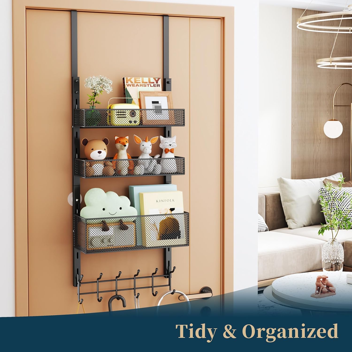 Consumest Over The Door Hooks Organizer - 4 Tier Door Coat Rack with 3 Baskets & 12 Hooks, Stainless Steel Towel Hanger for Bedroom, Bathroom, Living Room, Black image 5