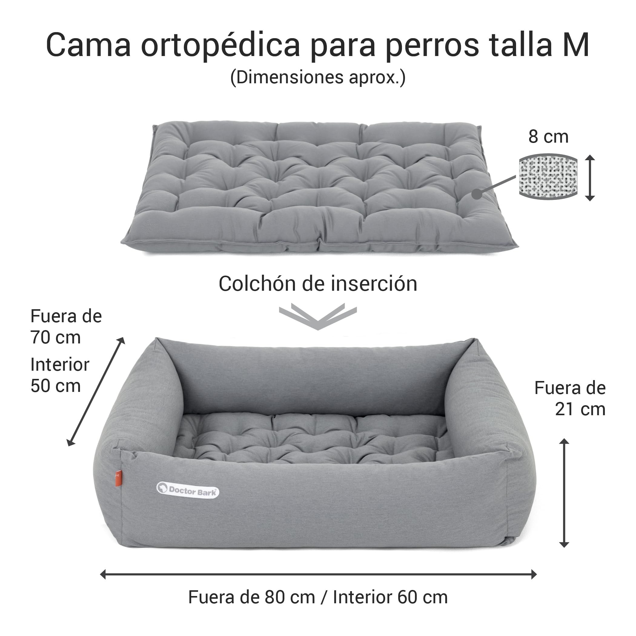 Doctor Bark Cama ortopédica para perros, lavable hasta 95 °C, sin olor e higiénica, acogedora decoración para perros medianos (M - 80 x 70 cm, gris claro)