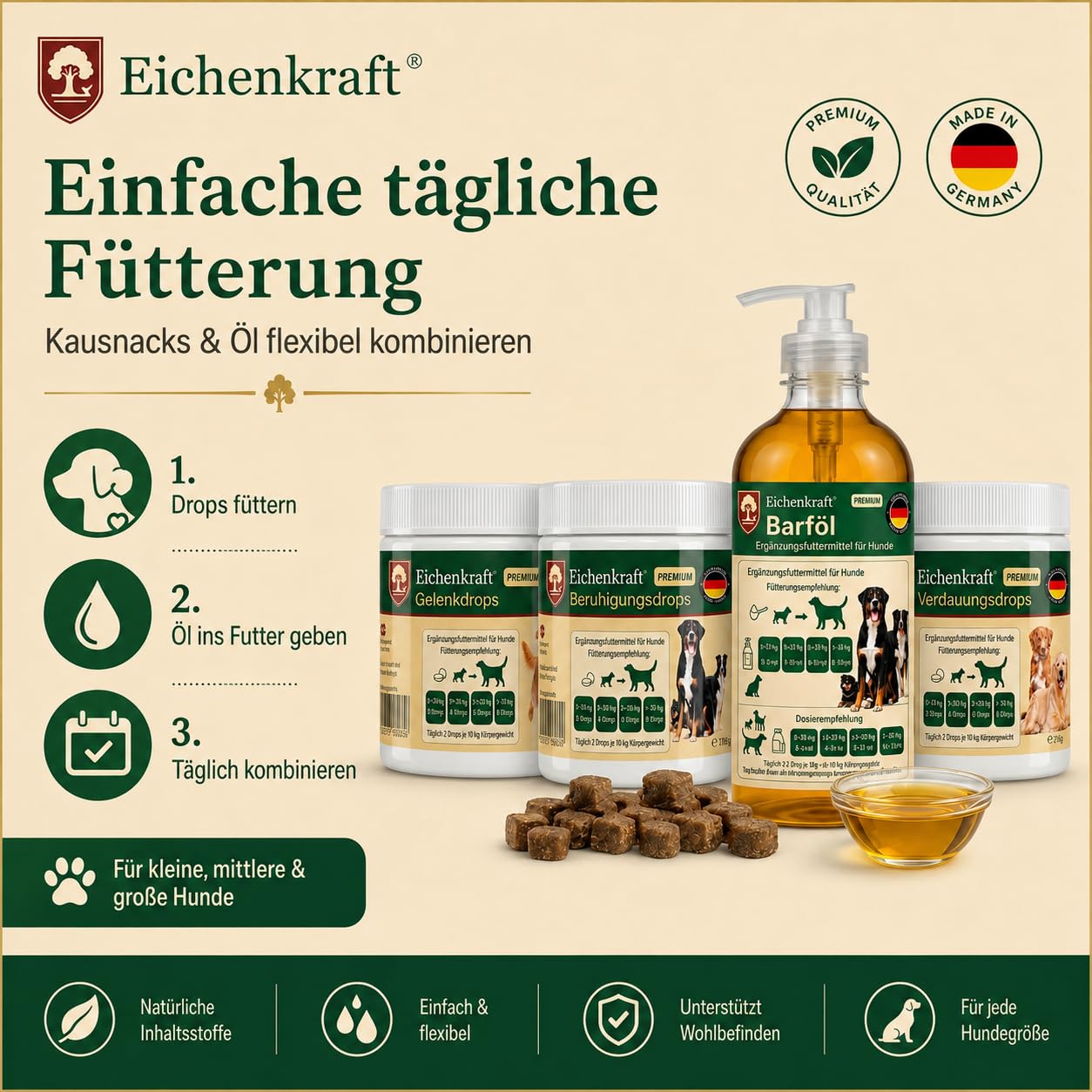 Hunde Kausnacks Lachsöl 4er Set Gelenk Beruhigungs Verdauungsdrops Barf Öl
