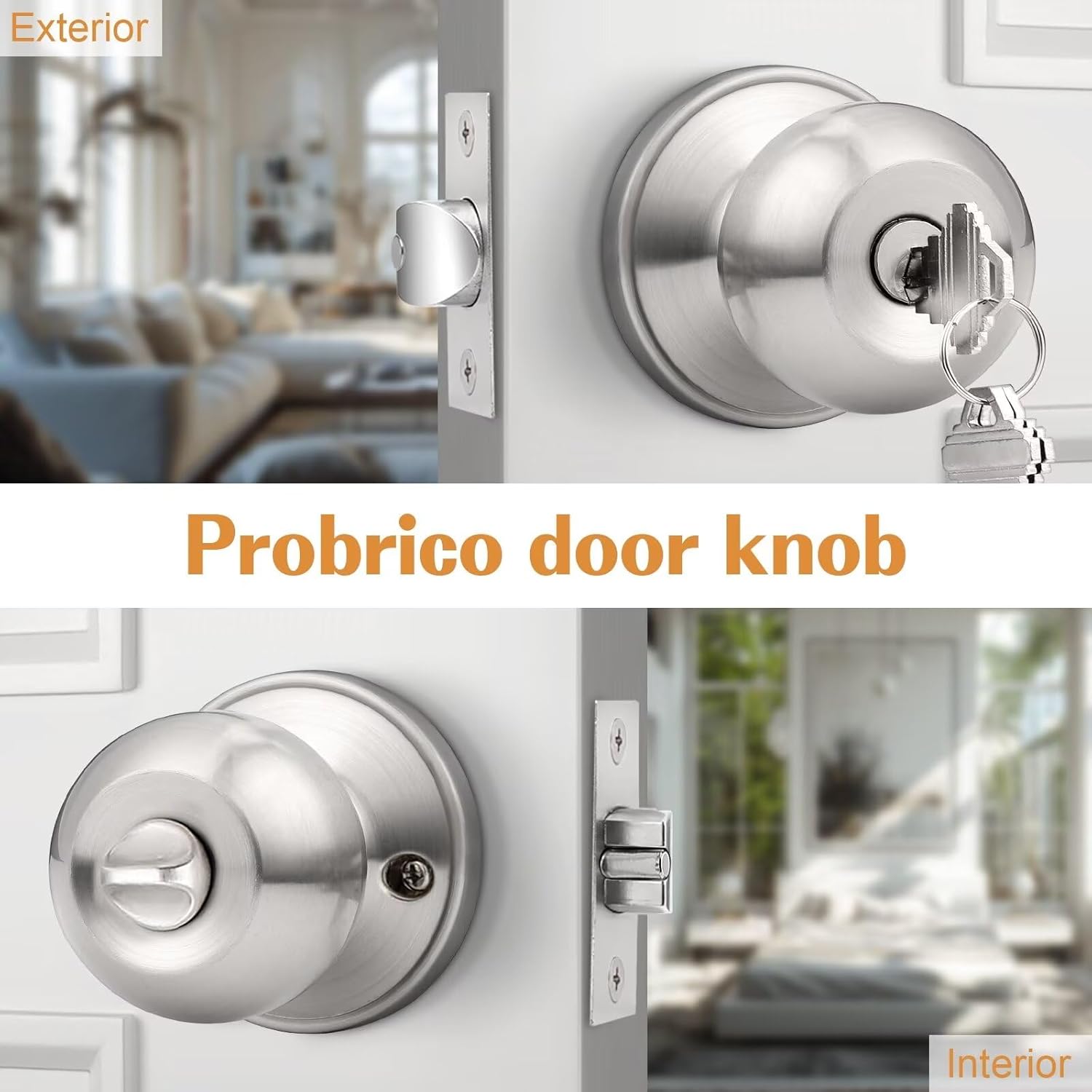 Probrico 2Pack Brushed Nickel One Keyway Ball Door Knobs Entry Lock with Keys,Keyed Alike Door Locksets, Interior Exterior Keyed Hardware