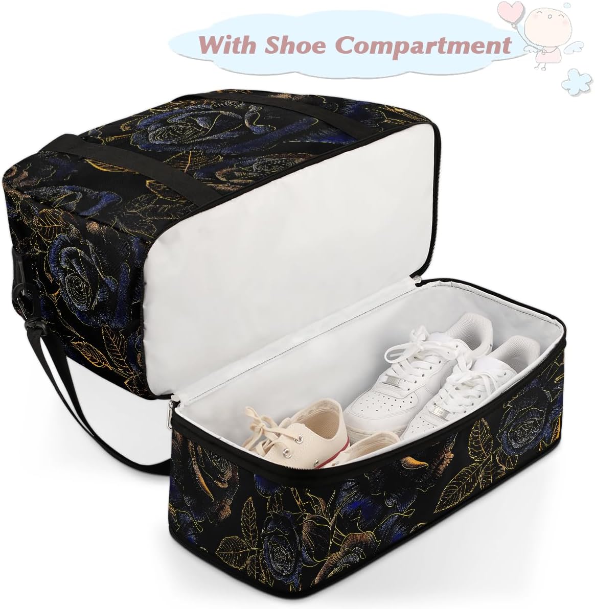 Gold Blue Rose Large Weekender Overnight Bags Travel Duffel Bag for Women Men Gym Bag With Shoe Compartment Foldie Travel Tote Bag Carry On Personal Item Bag for Travel Gym Sports - Image 4