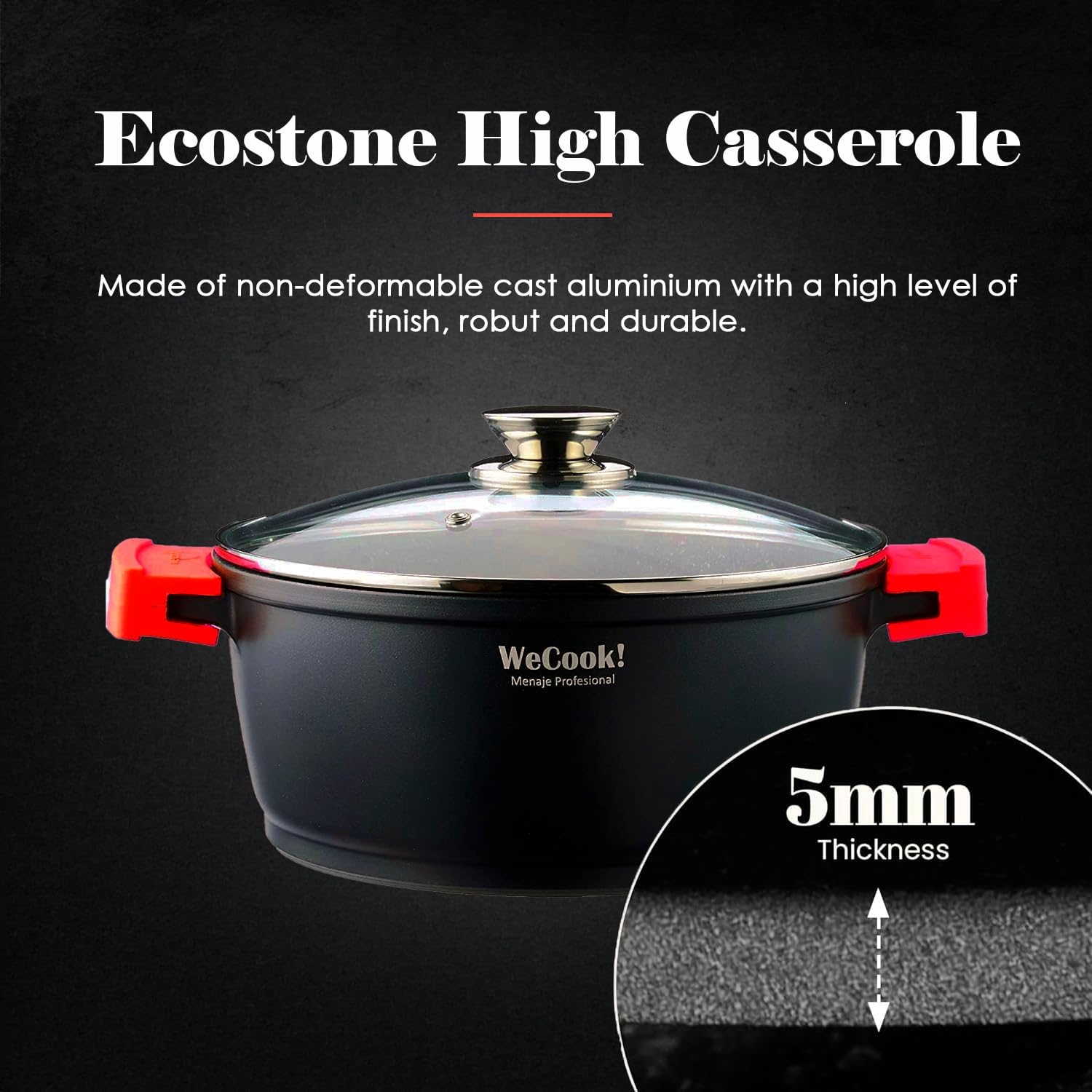 WECOOK! Ecostone 28 cm Deep Induction Saucepan, Non-Stick Glass Lid, XTRA DUPONT Eco-Friendly PFOA Free, Cast Aluminium, Thickness 5 mm, Silicone Handles, Glass, Ceramic, Gas, Oven