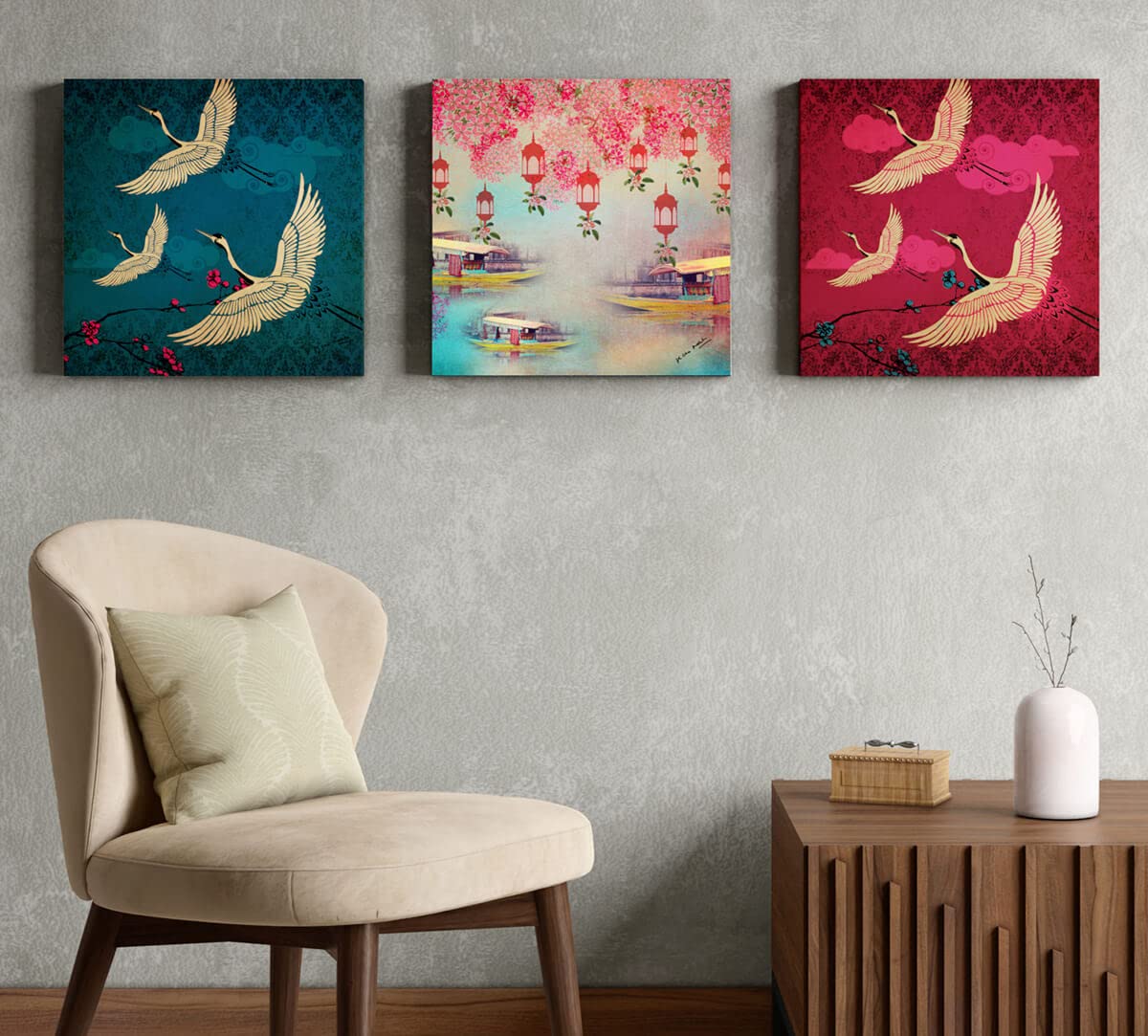 India Circus by Krsnaa Mehta Lakeside Crane Flight Canvas Wall Art | Wall Canvas Paintings Poster for Home Decoration Living Room Bedroom Hotel Office | Set of 3 | Size 16 Inch x 16 Inch