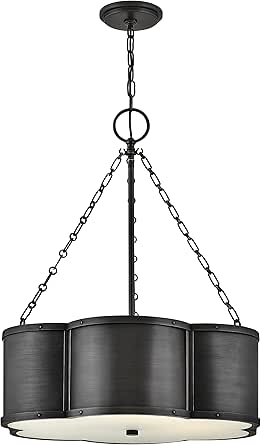 Hinkley Chance Three Light Small Drum Chandelier, Classic, Timeless Details, Etched Lens, Blackened Brass