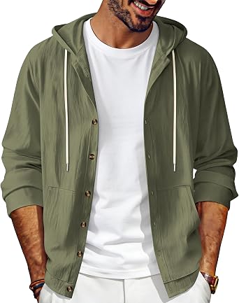 Mens Linen Long Sleeve Button Down Shirts with Pockets Casual Hawaiian Beach Shirts Lightweight Fashion Hoodies