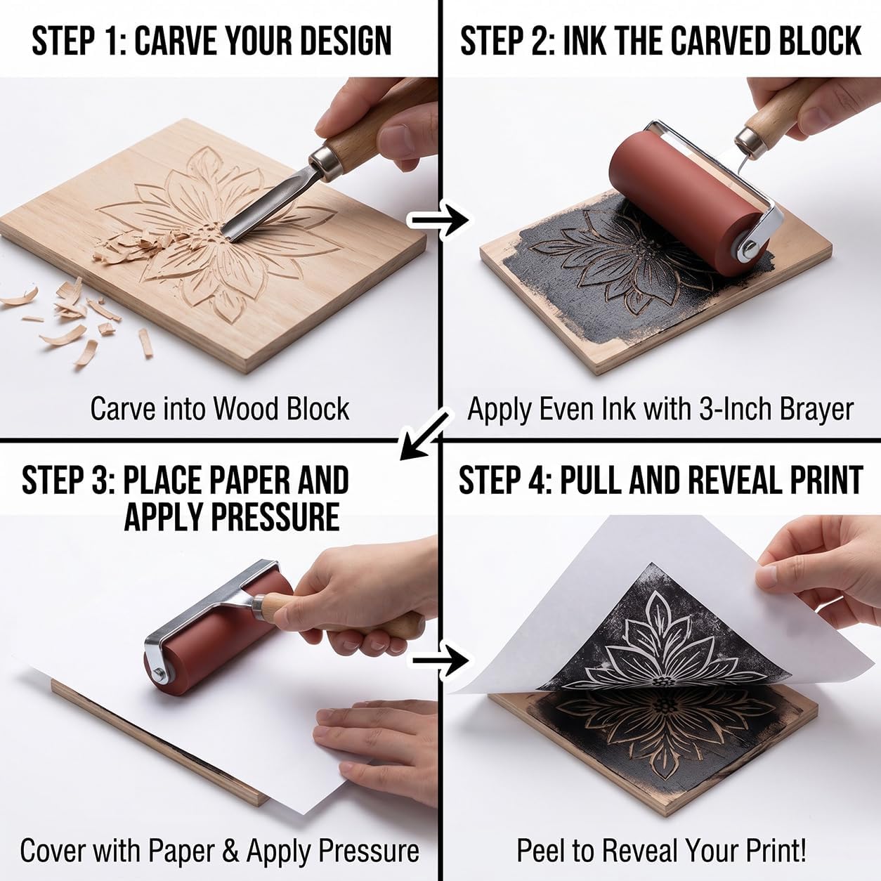 QWORK Soft Rubber Brayer Roller 3-Inch (7.6cm) – Even Ink Coverage & Wood Handle for Block Printing, Gel Printing & Crafting – Printmaking Tool, Lino Cut Stamping
