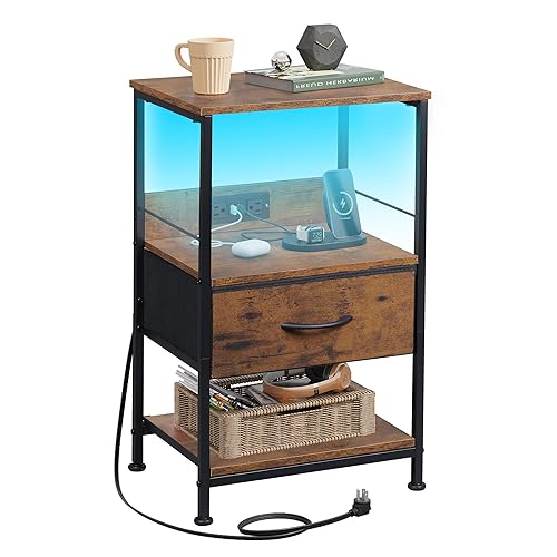 WLIVE Night Stand with Charger Station, LED Nightstand with Adjustable