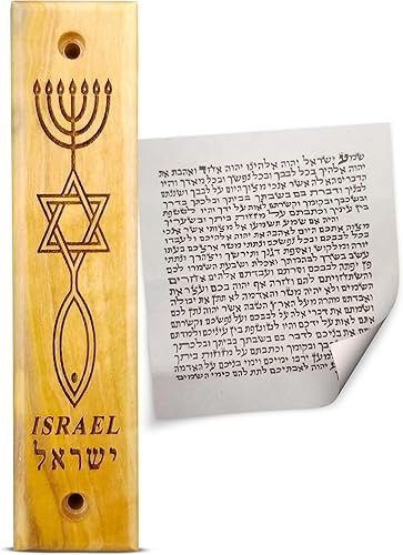 Miniatura 8 de Mezuzá de madera de olivo con pergamino, shema, rollo de torá y menorá, hecha en Israel, decoración religiosa del hogar para puerta y pared, incluye