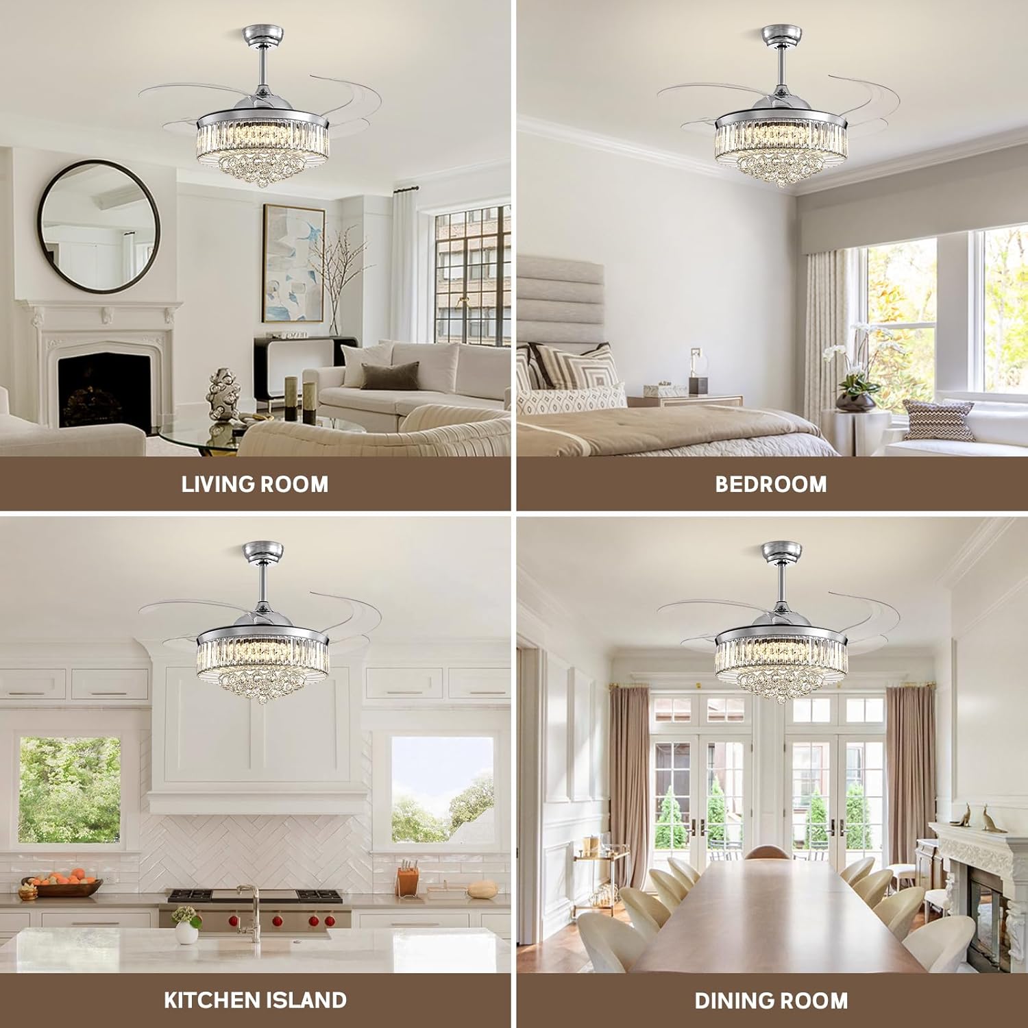 CROSSIO 48" Crystal Chandelier Ceiling Fan with Light Modern Ceiling Fan with Retractable Blades Crystal Fandelier with Remote Control Chrome Fandelier for Dining Living Room