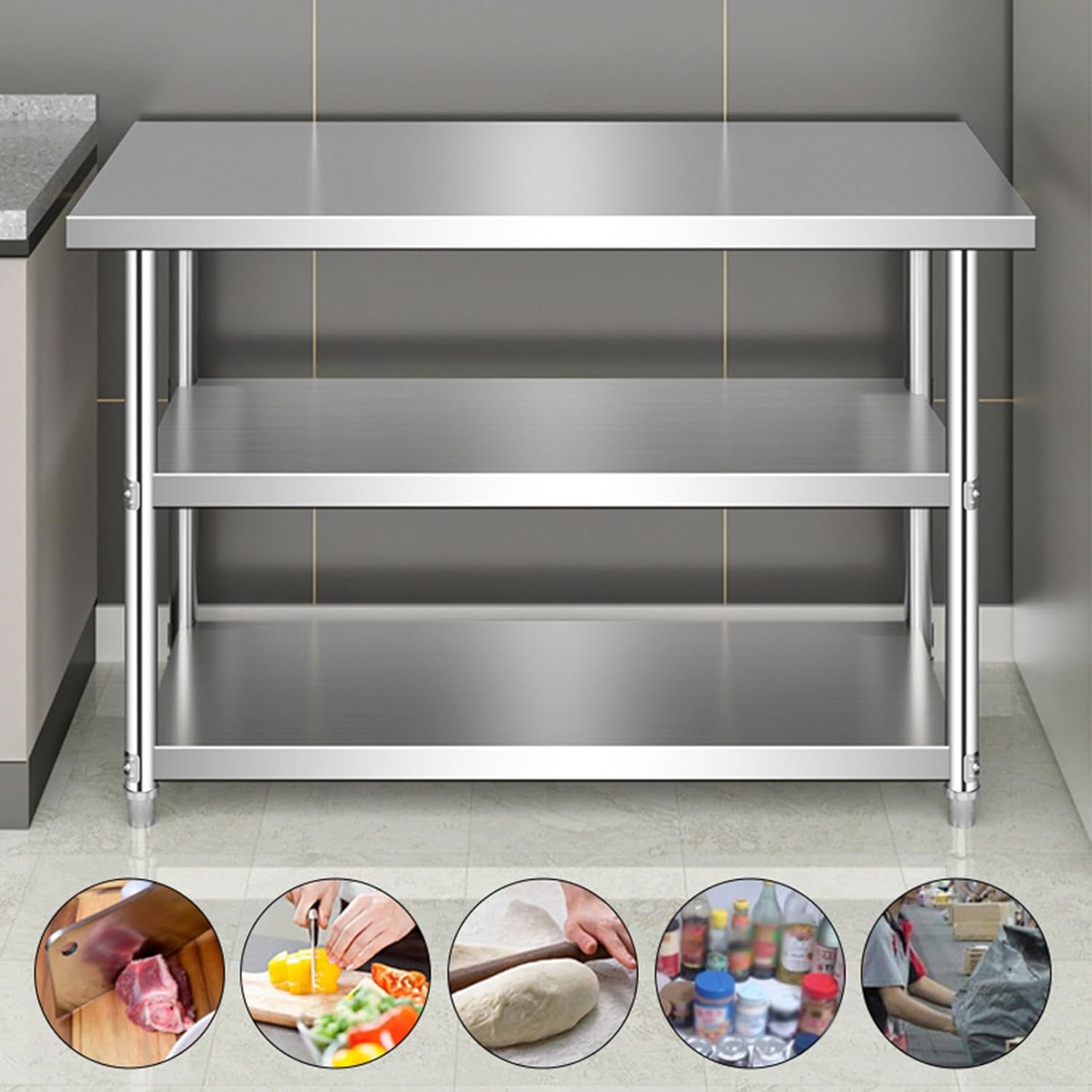 Three-tier Kitchen Prep Table Stainless Steel Workbench Sturdy and Stable Water Proof and Rustproof Open Storage Shelves Metal Table with Adjustable Floor Legs for a Wide Range of Applications