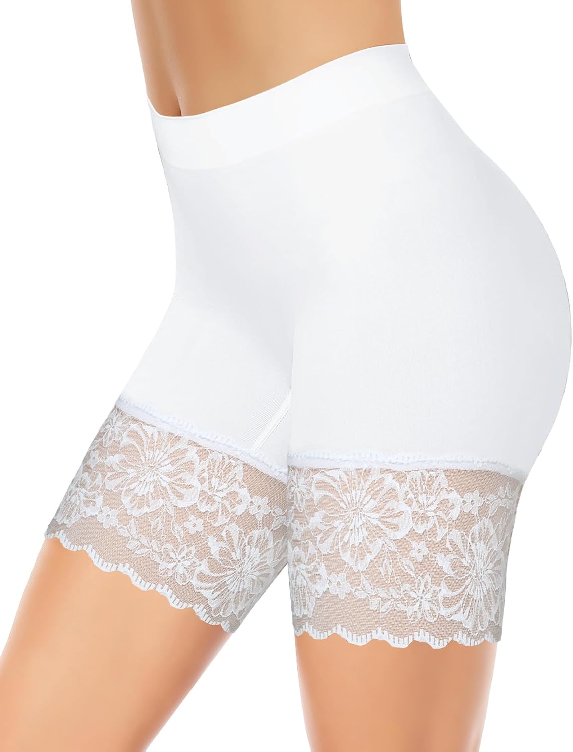 1-3 Pack Lace Slip Shorts for Women Under Dresses, Seamless Anti Chafing Shorts Summer (White,M)