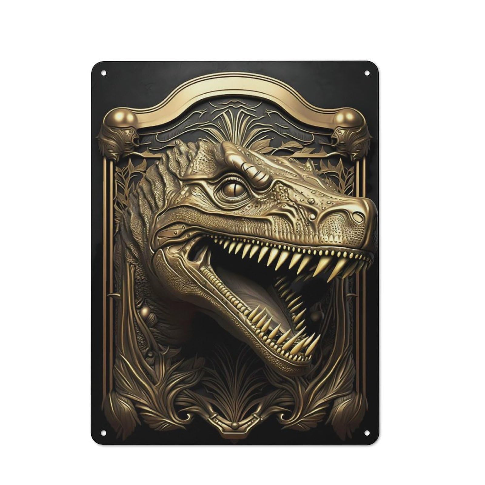 Junmoney Style-15 Golden T Rex Dinosaur Art Cottage Style Metal Wall Decor 40X30cm, Decorative Tin Sign For Cottage, Kitchen, Hallway Or Breakfast Nook