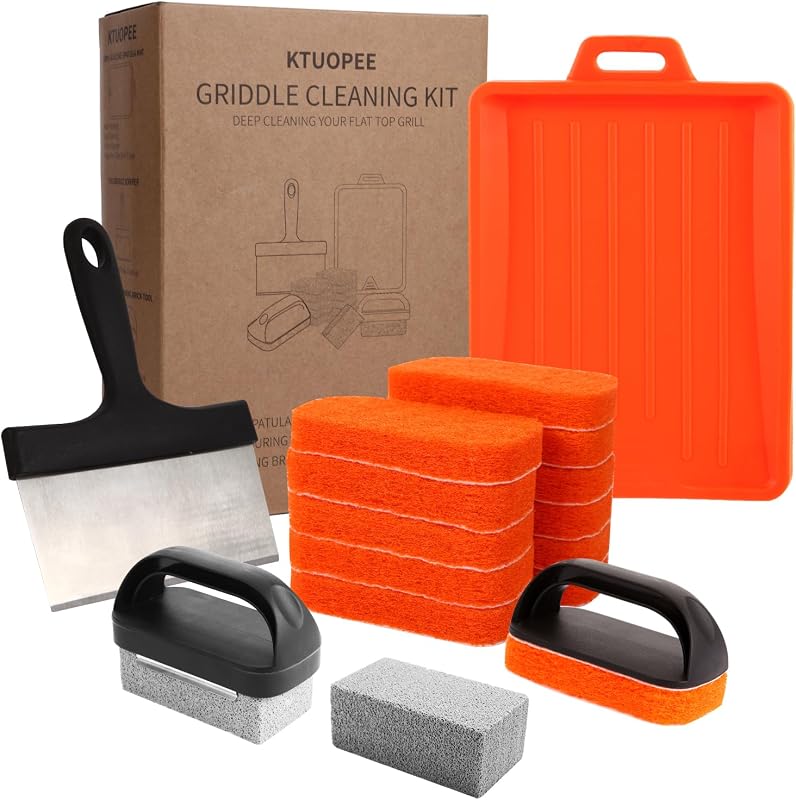 Kit de limpieza de plancha mejorado para Blackstone, 18 piezas, accesorios de parrilla plana, juego de herramientas limpiadoras con raspador, espátula de silicona resistente al calor con colgador, ladrillo para parrilla, estropajos