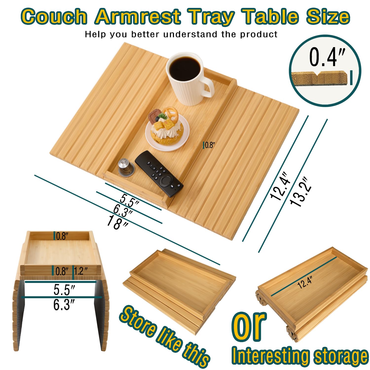 Mesa de bambú para reposabrazos de sofá, mesa plegable para reposabrazos, mesa flexible y antideslizante, bandeja portátil para sofá, para bebidas, tazas, comidas, aperitivos, teléfono, control remoto