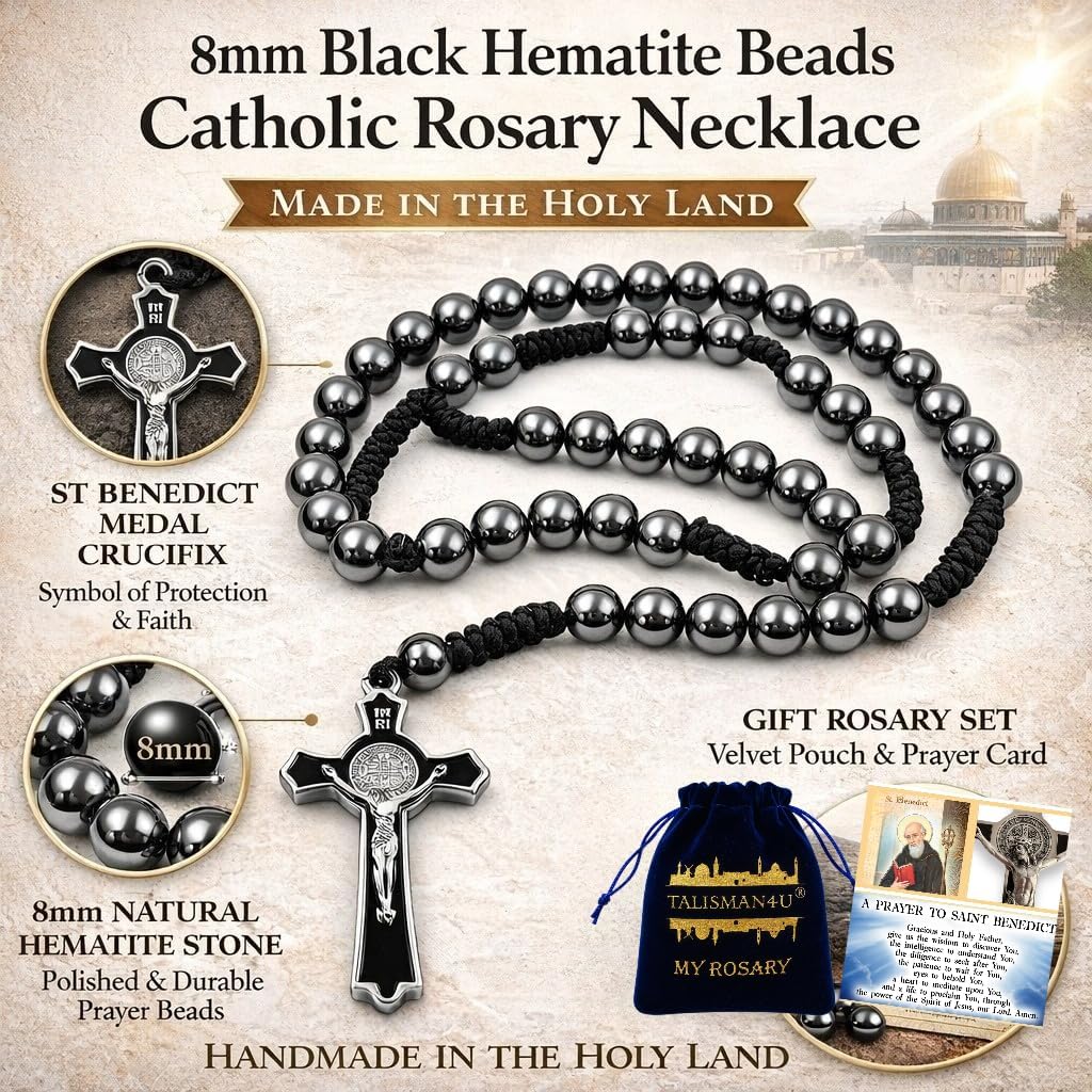 TALISMAN4U 8mm Hematite Black Beads Catholic Rosary Necklace for Men St Benedict Medal Crucifix Handmade Braided Rosary Prayer Card Religious Gift Pouch
