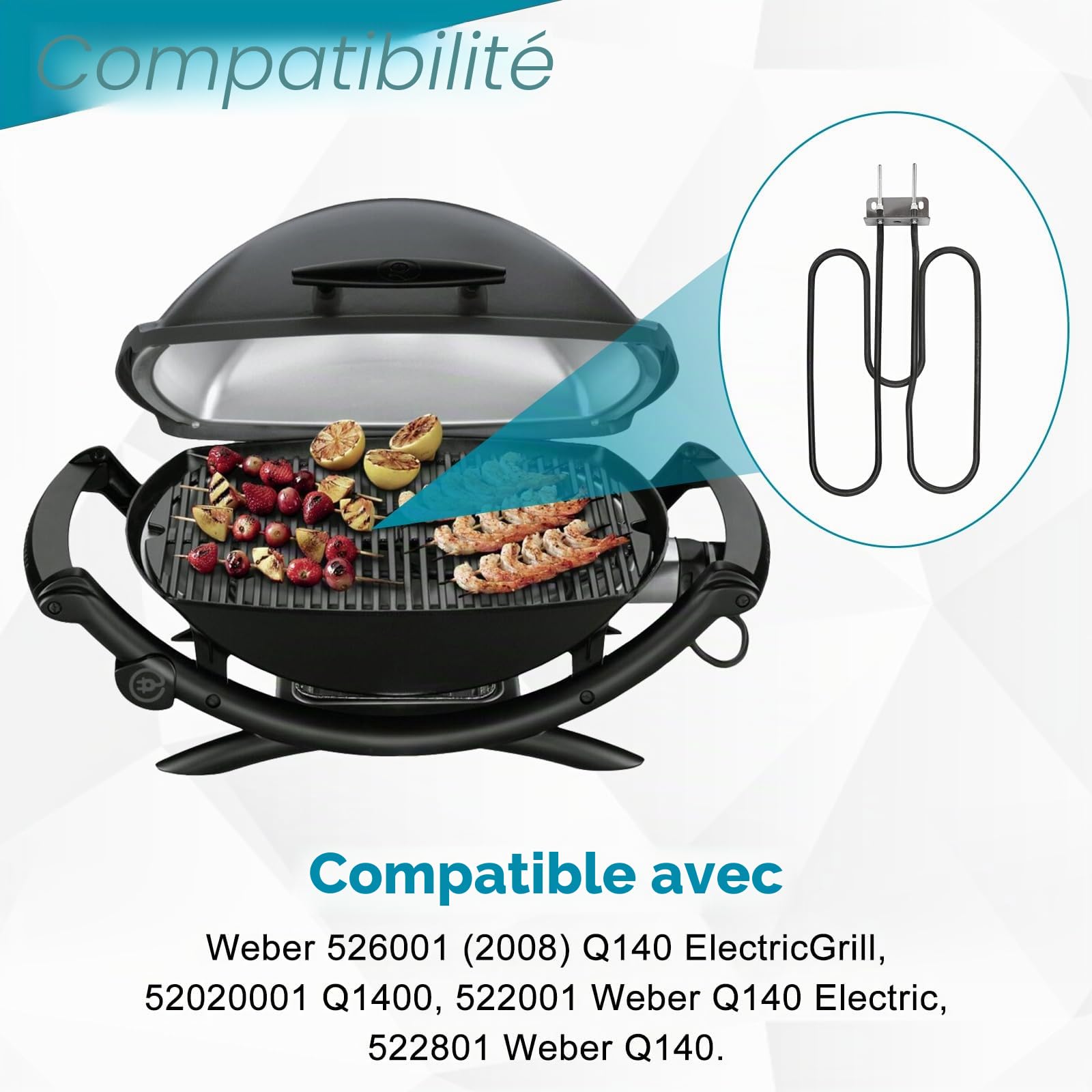 Élément chauffant 66631 Compatible avec les grilles électriques Weber Q140 Q1400, éléments chauffants en acier inoxydable 2200 W, référence OE# 80342, 80343, 65620
